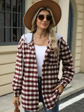 Load image into Gallery viewer, Drawstring Plaid Long Sleeve Hooded Jacket
