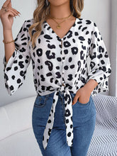 Load image into Gallery viewer, Tied Button Up Leopard V-Neck Blouse
