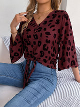 Load image into Gallery viewer, Tied Button Up Leopard V-Neck Blouse
