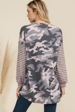 Load image into Gallery viewer, Celeste Full Size Camo Print High-Low T-Shirt with Stripe Sleeves
