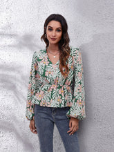 Load image into Gallery viewer, Ruched Printed V-Neck Long Sleeve Blouse
