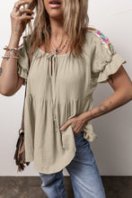 Load image into Gallery viewer, Embroidered Tie Neck Short Sleeve Blouse
