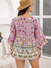 Load image into Gallery viewer, Plus Size Ruched Printed Tie Neck Three-Quarter Sleeve Blouse
