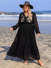 Load image into Gallery viewer, Plus Size Embroidered Tie Neck Long Sleeve Dress
