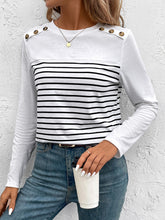 Load image into Gallery viewer, Decorative Button Striped Round Neck Long Sleeve T-Shirt
