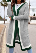 Load image into Gallery viewer, Pocketed Contrast Long Sleeve Hooded Cardigan
