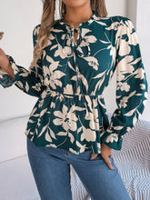 Load image into Gallery viewer, Printed Tie Neck Flounce Sleeve Blouse
