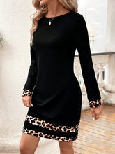 Load image into Gallery viewer, Leopard Trim Round Neck Long Sleeve Mini Dress
