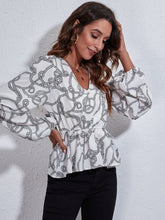 Load image into Gallery viewer, Ruched Printed V-Neck Long Sleeve Blouse
