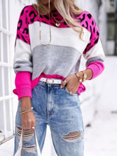 Load image into Gallery viewer, Leopard Color Block Round Neck Long Sleeve Sweater
