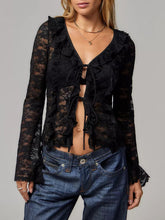 Load image into Gallery viewer, Tied V-Neck Long Sleeve Lace Shirt
