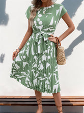 Load image into Gallery viewer, Tied Pleated Printed Cap Sleeve Dress
