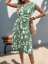 Load image into Gallery viewer, Tied Pleated Printed Cap Sleeve Dress
