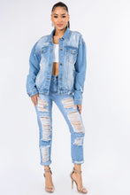 Load image into Gallery viewer, American Bazi Graphic Distressed Long Sleeve Denim Jacket
