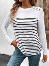 Load image into Gallery viewer, Decorative Button Striped Round Neck Long Sleeve T-Shirt
