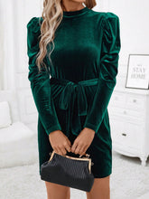 Load image into Gallery viewer, Mock Neck Tie Waist Puff Sleeve Mini Dress
