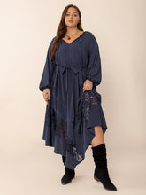 Load image into Gallery viewer, Plus Size Lace Detail Tie Neck Long Sleeve Midi Dress
