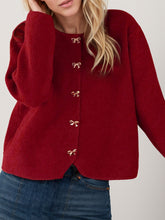 Load image into Gallery viewer, Bow Button Down Round Neck Long Sleeve Cardigan
