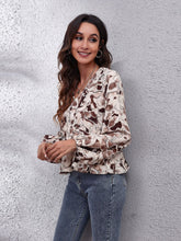 Load image into Gallery viewer, Ruched Printed V-Neck Long Sleeve Blouse
