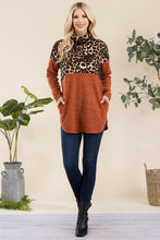 Load image into Gallery viewer, Celeste Full Size Curved Hem Leopard Turtleneck Long Sleeve Blouse
