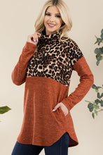 Load image into Gallery viewer, Celeste Full Size Curved Hem Leopard Turtleneck Long Sleeve Blouse
