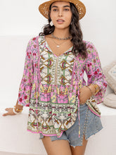 Load image into Gallery viewer, Plus Size Ruched Printed Tie Neck Three-Quarter Sleeve Blouse
