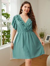 Load image into Gallery viewer, Plus Size Swiss Dot Ruffled Surplice Flutter Sleeve Mini Dress
