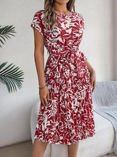 Load image into Gallery viewer, Tied Pleated Printed Short Sleeve Dress
