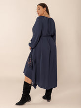 Load image into Gallery viewer, Plus Size Lace Detail Tie Neck Long Sleeve Midi Dress
