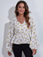 Load image into Gallery viewer, Ruched Printed V-Neck Long Sleeve Blouse
