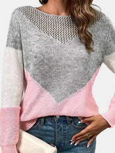 Load image into Gallery viewer, Openwork Contrast Round Neck Long Sleeve Knit Top
