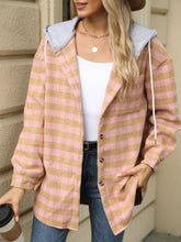 Load image into Gallery viewer, Drawstring Plaid Long Sleeve Hooded Jacket
