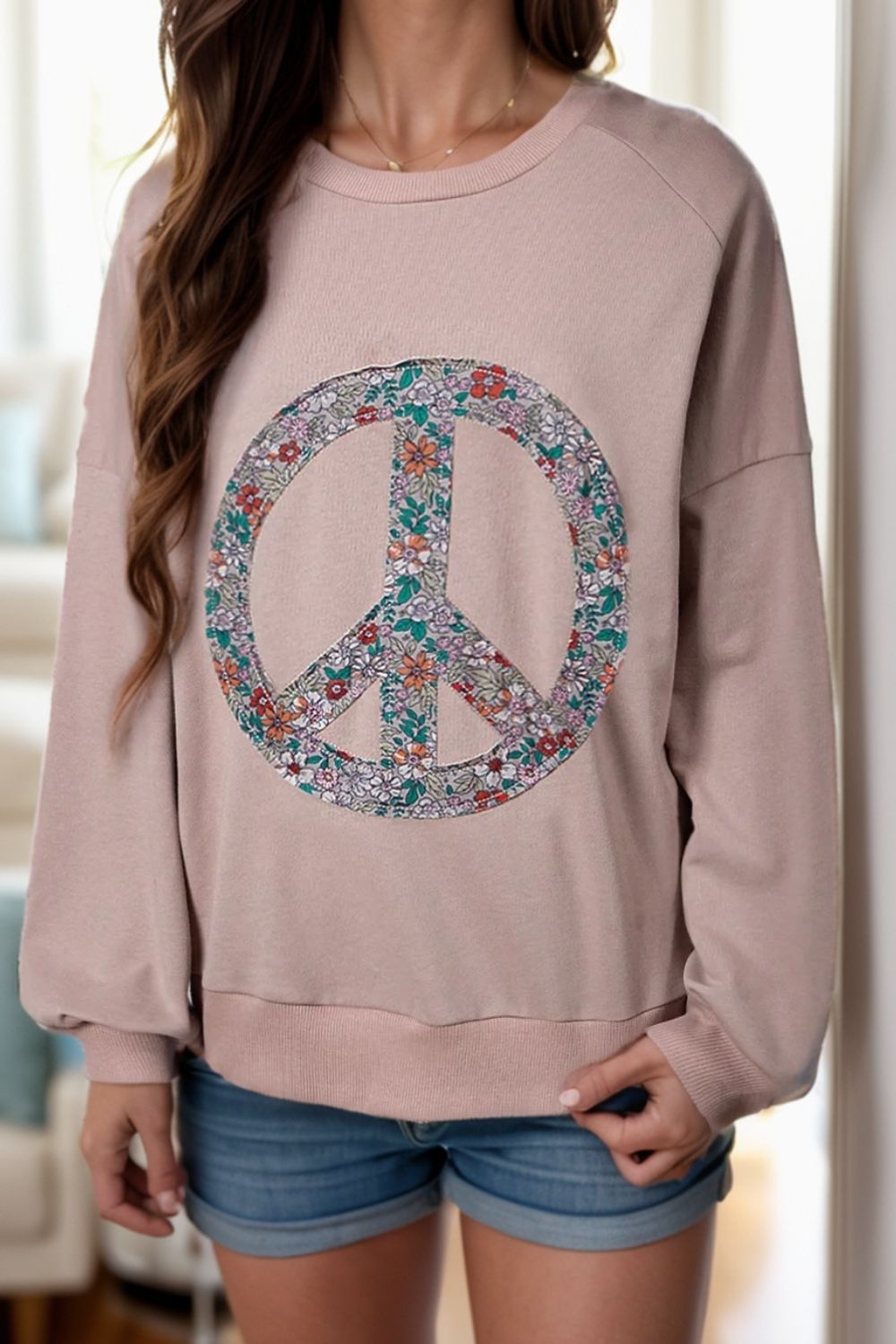 Peace Sign Applique Long Sleeve Sweatshirt