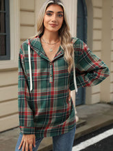 Load image into Gallery viewer, Drawstring Plaid Hooded Long Sleeve Top
