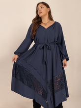 Load image into Gallery viewer, Plus Size Lace Detail Tie Neck Long Sleeve Midi Dress
