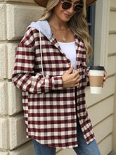 Load image into Gallery viewer, Drawstring Plaid Long Sleeve Hooded Jacket
