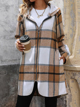 Load image into Gallery viewer, Drawstring Plaid Zip Up Long Sleeve Hooded Outerwear
