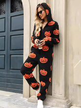 Load image into Gallery viewer, Fuzzy Pumpkin Half Zip Hooded Jumpsuit
