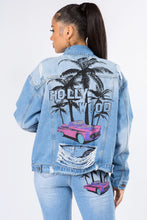 Load image into Gallery viewer, American Bazi Graphic Distressed Long Sleeve Denim Jacket
