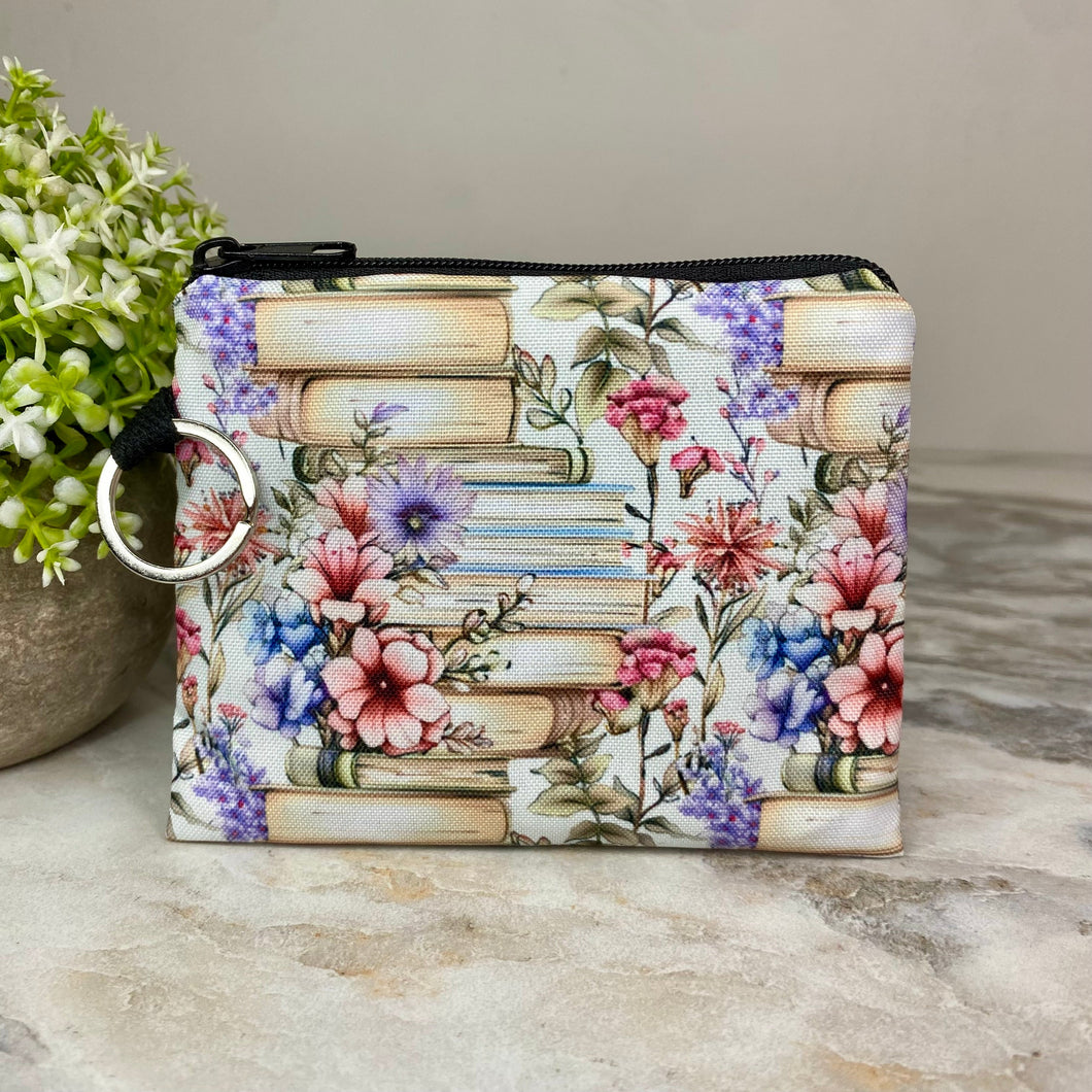 Mini Pouch - Books Stack Cream Purple Floral