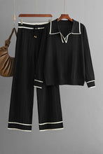 Load image into Gallery viewer, Contrast Trim Johnny Collar Top and Drawstring Pants Sweater Set
