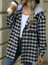 Load image into Gallery viewer, Drawstring Plaid Long Sleeve Hooded Jacket
