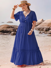 Load image into Gallery viewer, Plus Size Lace Detail Tie Neck Short Sleeve Maxi Dress
