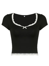 Load image into Gallery viewer, Lace Detail Sweetheart Neck Short Sleeve T-Shirt
