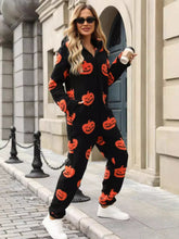 Load image into Gallery viewer, Fuzzy Pumpkin Half Zip Hooded Jumpsuit
