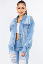 Load image into Gallery viewer, American Bazi Graphic Distressed Long Sleeve Denim Jacket
