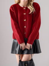 Load image into Gallery viewer, Bow Button Down Round Neck Long Sleeve Cardigan
