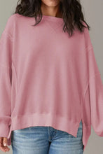 Load image into Gallery viewer, Slit Waffle-Knit Round Neck Long Sleeve Top
