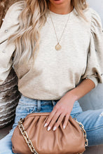 Load image into Gallery viewer, Rhinestone Pearl Detail Round Neck Puff Sleeve Top
