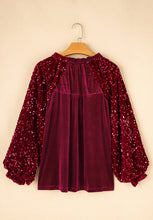 Load image into Gallery viewer, Sequin Notched Long Sleeve Blouse
